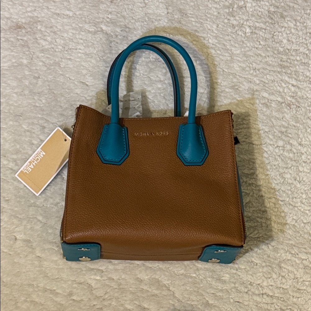 BNWT Michael Kors Tan Brown and Teal Mercer Leather Bag